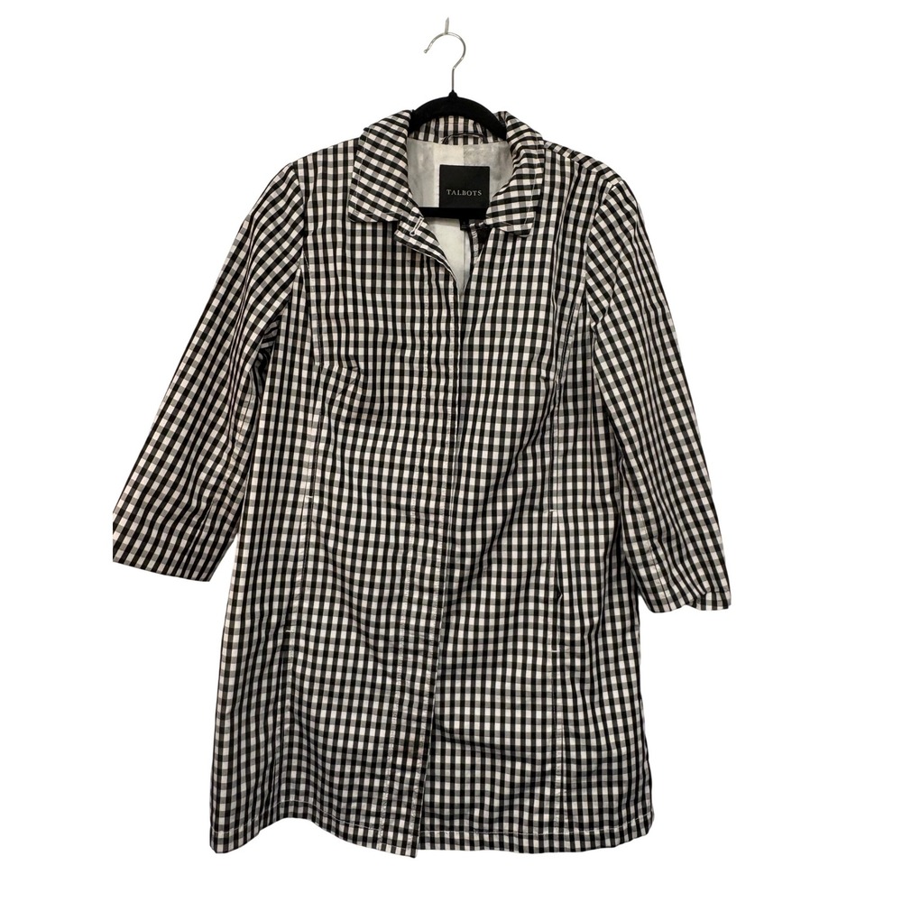 Talbots Gingham Trench Coat Size 12 Black White Plaid Hidden Button Check